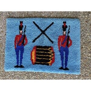 Vintage 1970s MCM Rya Style Latch Hook Wool Rug Danish Soldier Drum 30x21.5"